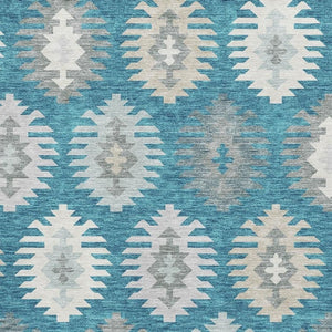 HomeRoots 5' X 8' Teal Ivory & Gray Southwestern Area Rug – Washable, UV-Protected, Stain-Resistant Charm! 677665