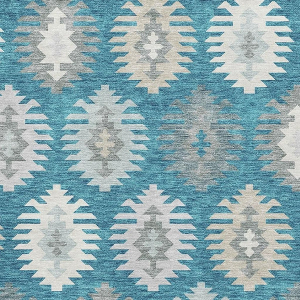 HomeRoots 5' X 8' Teal Ivory & Gray Southwestern Area Rug – Washable, UV-Protected, Stain-Resistant Charm! 677665