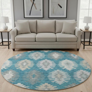 HomeRoots 8' Teal Ivory Gray Southwestern Round Rug - Durable, Washable, UV-Protected for High-Traffic Areas 677666