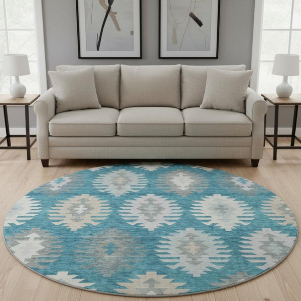 HomeRoots 8' Teal Ivory Gray Southwestern Round Rug - Durable, Washable, UV-Protected for High-Traffic Areas 677666