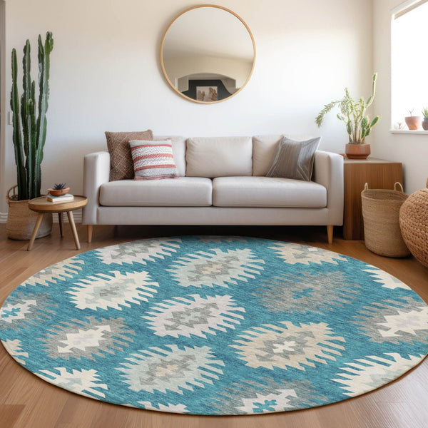 HomeRoots 8' Teal Ivory Gray Southwestern Round Rug - Durable, Washable, UV-Protected for High-Traffic Areas 677666