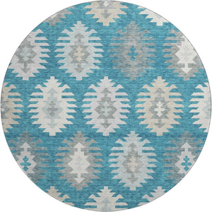 HomeRoots 8' Teal Ivory Gray Southwestern Round Rug - Durable, Washable, UV-Protected for High-Traffic Areas 677666