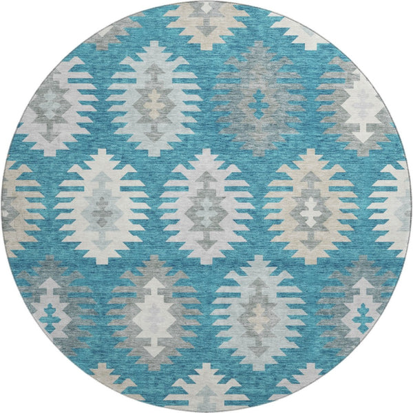 HomeRoots 8' Teal Ivory Gray Southwestern Round Rug - Durable, Washable, UV-Protected for High-Traffic Areas 677666
