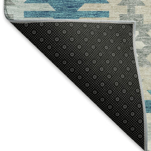 HomeRoots 8' Teal Ivory Gray Southwestern Round Rug - Durable, Washable, UV-Protected for High-Traffic Areas 677666
