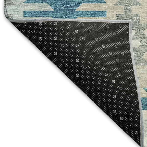 HomeRoots 8' Teal Ivory Gray Southwestern Round Rug - Durable, Washable, UV-Protected for High-Traffic Areas 677666