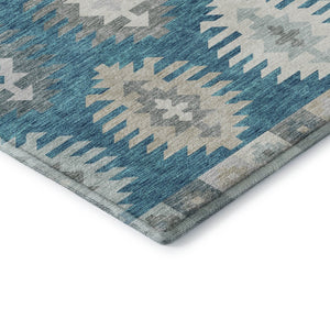 HomeRoots 8' Teal Ivory Gray Southwestern Round Rug - Durable, Washable, UV-Protected for High-Traffic Areas 677666