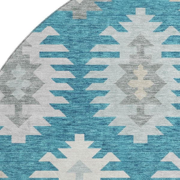 HomeRoots 8' Teal Ivory Gray Southwestern Round Rug - Durable, Washable, UV-Protected for High-Traffic Areas 677666