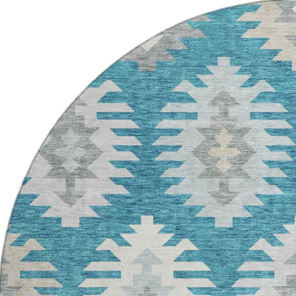 HomeRoots 8' Teal Ivory Gray Southwestern Round Rug - Durable, Washable, UV-Protected for High-Traffic Areas 677666