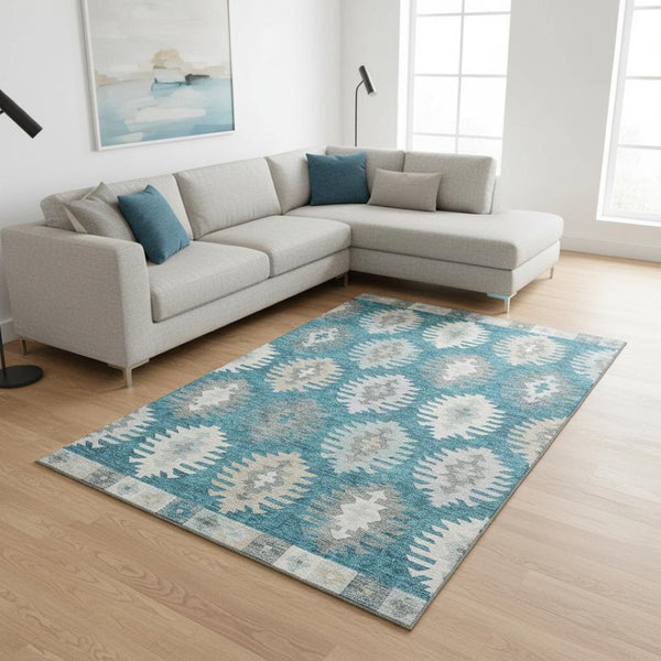 HomeRoots 8' X 10' Teal Ivory Gray Southwestern Area Rug - Washable, Durable, UV Protected for High-Traffic Spaces 677667