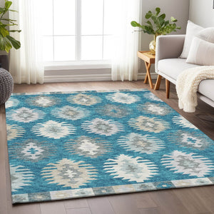 HomeRoots 8' X 10' Teal Ivory Gray Southwestern Area Rug - Washable, Durable, UV Protected for High-Traffic Spaces 677667