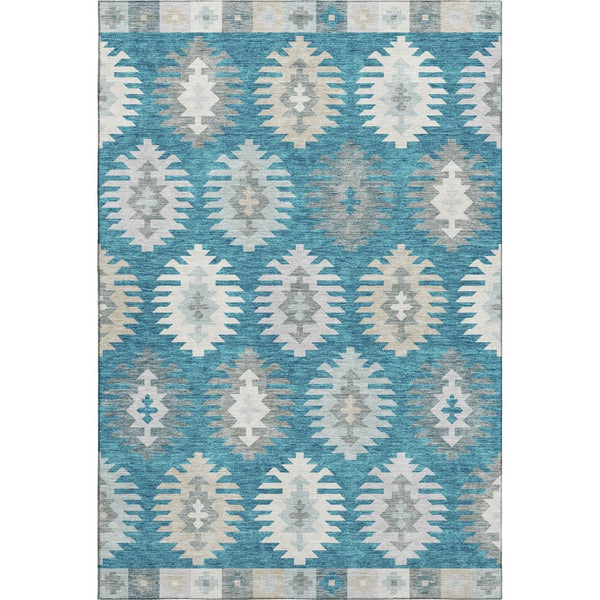 HomeRoots 8' X 10' Teal Ivory Gray Southwestern Area Rug - Washable, Durable, UV Protected for High-Traffic Spaces 677667