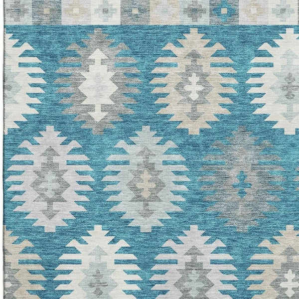 HomeRoots 8' X 10' Teal Ivory Gray Southwestern Area Rug - Washable, Durable, UV Protected for High-Traffic Spaces 677667