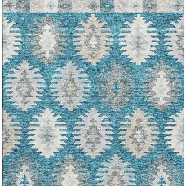 HomeRoots 8' X 10' Teal Ivory Gray Southwestern Area Rug - Washable, Durable, UV Protected for High-Traffic Spaces 677667