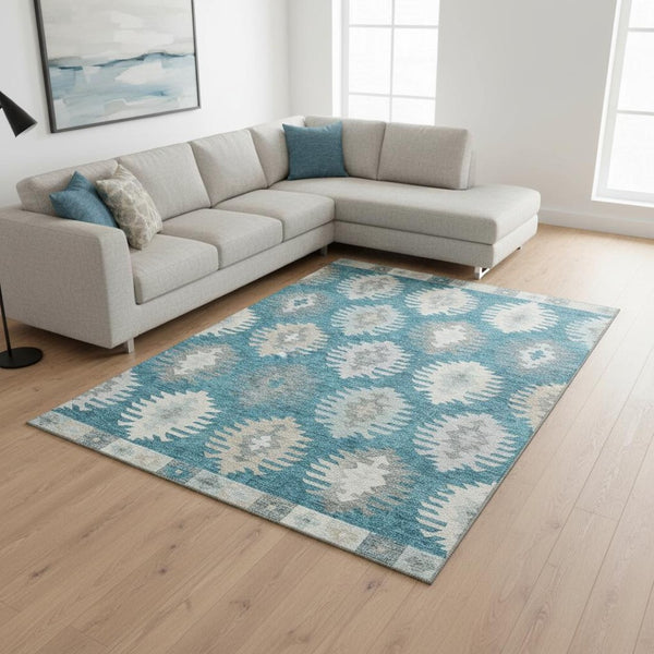 HomeRoots 9' X 12' Southwestern Teal, Ivory & Gray Area Rug - Durable, Stain-Resistant, UV Protected Design 677668