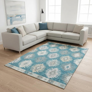 HomeRoots 10' X 14' Southwestern Washable Area Rug in Teal, Ivory & Gray - Durable, UV-Protected & Stylish! 677669