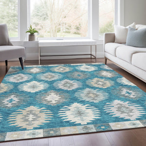HomeRoots 10' X 14' Southwestern Washable Area Rug in Teal, Ivory & Gray - Durable, UV-Protected & Stylish! 677669