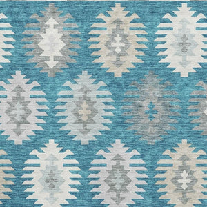 HomeRoots 10' X 14' Southwestern Washable Area Rug in Teal, Ivory & Gray - Durable, UV-Protected & Stylish! 677669