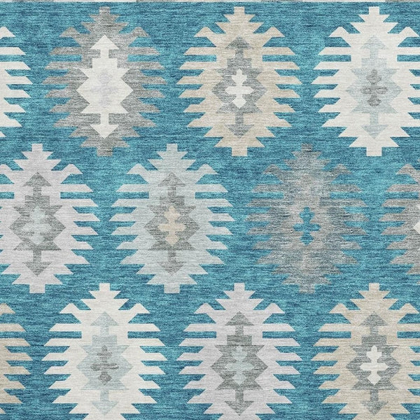 HomeRoots 10' X 14' Southwestern Washable Area Rug in Teal, Ivory & Gray - Durable, UV-Protected & Stylish! 677669