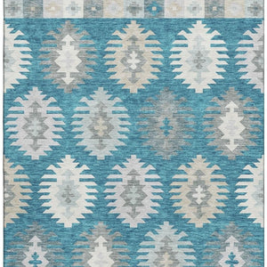 HomeRoots 10' X 14' Southwestern Washable Area Rug in Teal, Ivory & Gray - Durable, UV-Protected & Stylish! 677669