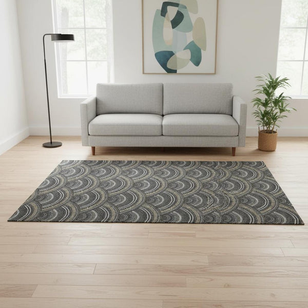 HomeRoots 5' X 8' Modern Black Gray Gold Geometric Washable Area Rug with UV Protection for Homes & Pets 677671
