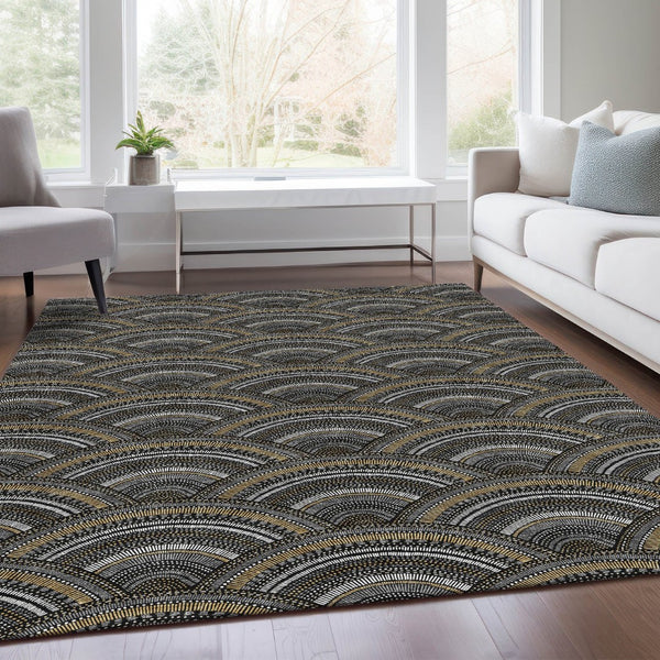 HomeRoots 5' X 8' Modern Black Gray Gold Geometric Washable Area Rug with UV Protection for Homes & Pets 677671