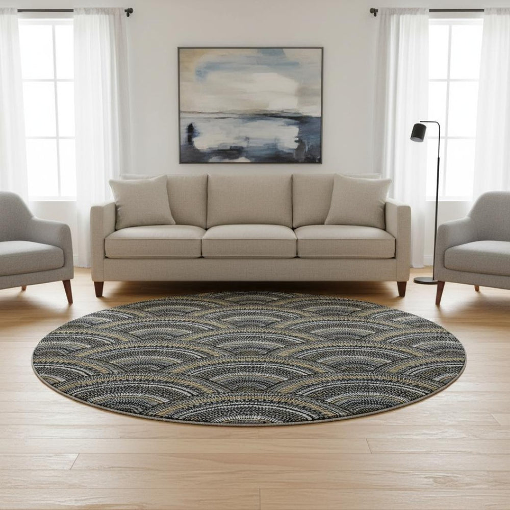 HomeRoots 8' Black Gray and Gold Geometric Round Rug – Washable, UV-Protected, Ideal for High-Traffic Areas 677672