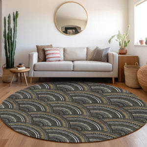 HomeRoots 8' Black Gray and Gold Geometric Round Rug – Washable, UV-Protected, Ideal for High-Traffic Areas 677672