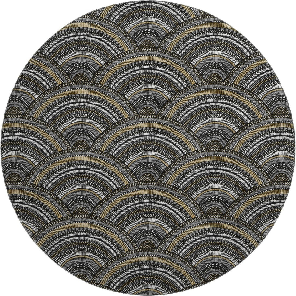 HomeRoots 8' Black Gray and Gold Geometric Round Rug – Washable, UV-Protected, Ideal for High-Traffic Areas 677672