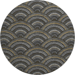 HomeRoots 8' Black Gray and Gold Geometric Round Rug – Washable, UV-Protected, Ideal for High-Traffic Areas 677672