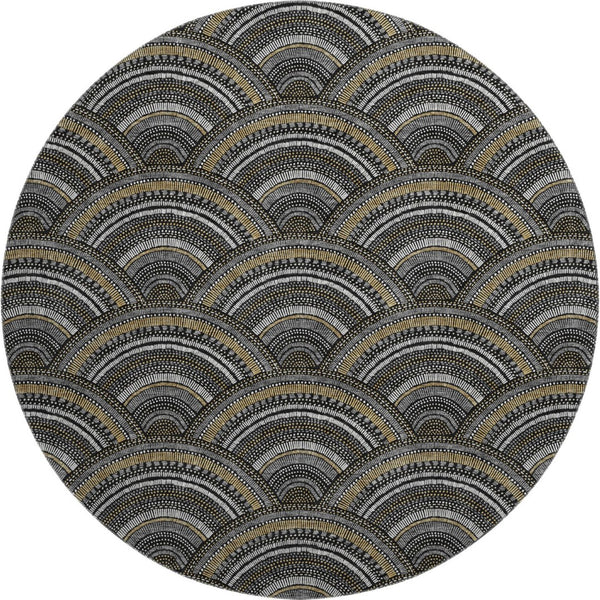 HomeRoots 8' Black Gray and Gold Geometric Round Rug – Washable, UV-Protected, Ideal for High-Traffic Areas 677672