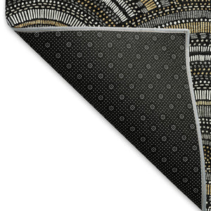 HomeRoots 8' Black Gray and Gold Geometric Round Rug – Washable, UV-Protected, Ideal for High-Traffic Areas 677672