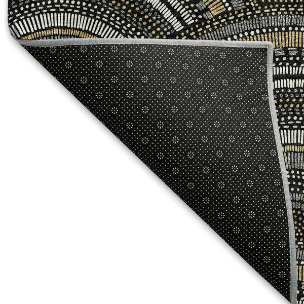 HomeRoots 8' Black Gray and Gold Geometric Round Rug – Washable, UV-Protected, Ideal for High-Traffic Areas 677672