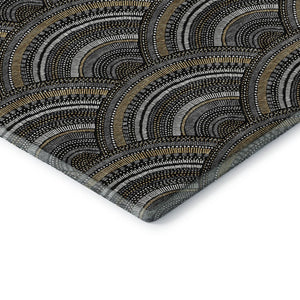 HomeRoots 8' Black Gray and Gold Geometric Round Rug – Washable, UV-Protected, Ideal for High-Traffic Areas 677672