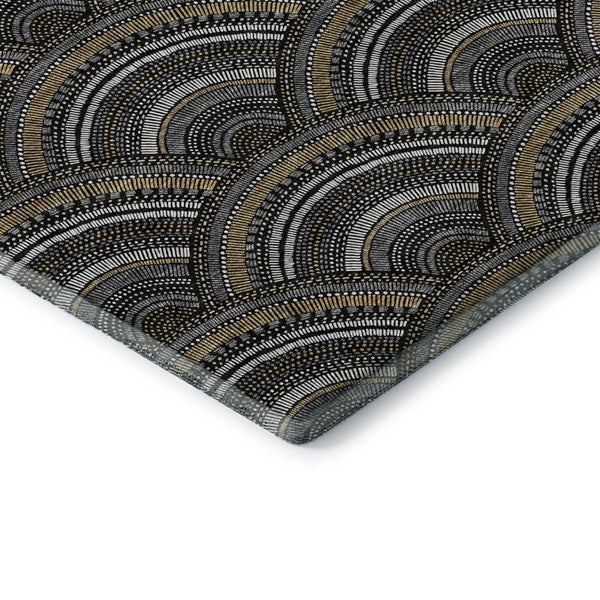 HomeRoots 8' Black Gray and Gold Geometric Round Rug – Washable, UV-Protected, Ideal for High-Traffic Areas 677672