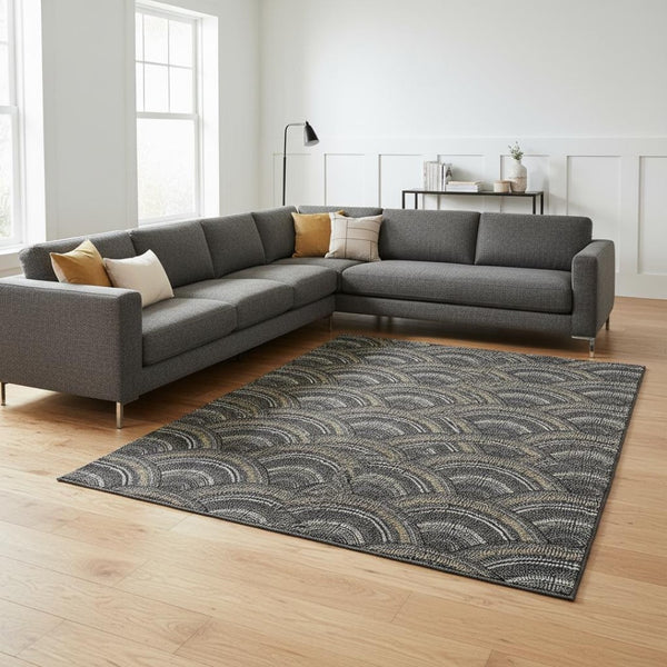HomeRoots 8' X 10' Geometric Black Gray Gold Area Rug - Washable, UV Protected, Durable for High Traffic Homes 677673