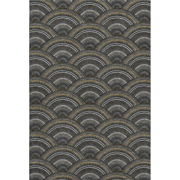 HomeRoots 8' X 10' Geometric Black Gray Gold Area Rug - Washable, UV Protected, Durable for High Traffic Homes 677673