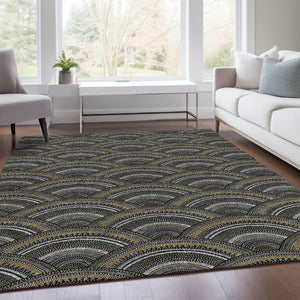 HomeRoots 10' X 14' Washable Geometric Area Rug in Black, Gray & Gold - Durable, UV-Protected & Stylish! 677675