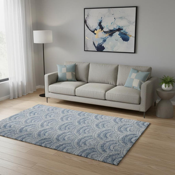 HomeRoots 5' X 8' Stylish Denim Blue and Ivory Geometric Area Rug with UV Protection, Easy-Care Design 677683