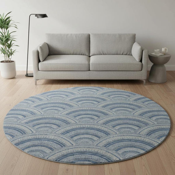 HomeRoots 8' Denim Blue, Ivory & Gray Geometric Round Rug - Washable, UV-Protected & Perfect for Any Space! 677684