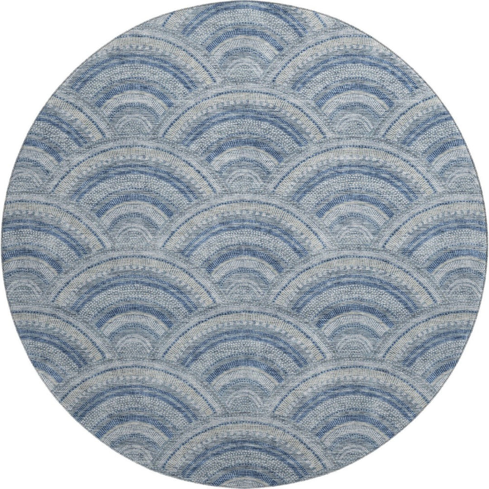 HomeRoots 8' Denim Blue, Ivory & Gray Geometric Round Rug - Washable, UV-Protected & Perfect for Any Space! 677684
