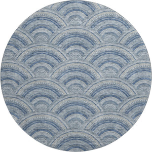 HomeRoots 8' Denim Blue, Ivory & Gray Geometric Round Rug - Washable, UV-Protected & Perfect for Any Space! 677684