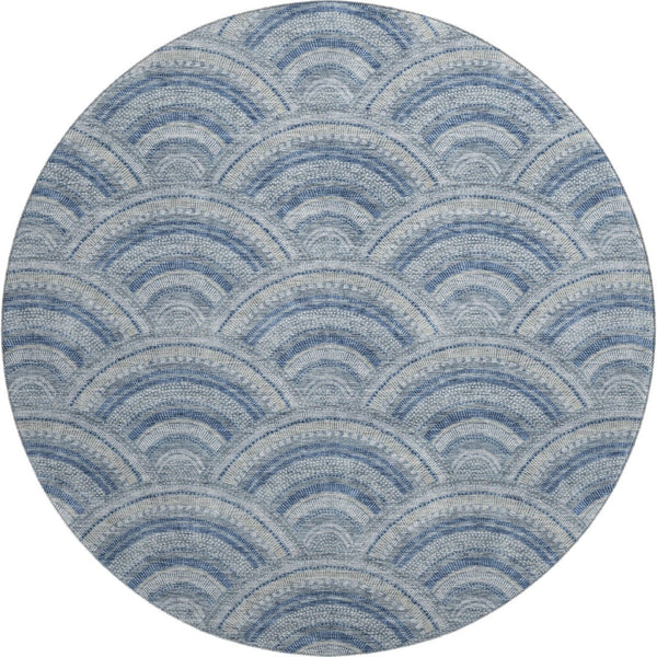 HomeRoots 8' Denim Blue, Ivory & Gray Geometric Round Rug - Washable, UV-Protected & Perfect for Any Space! 677684