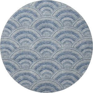 HomeRoots 8' Denim Blue, Ivory & Gray Geometric Round Rug - Washable, UV-Protected & Perfect for Any Space! 677684