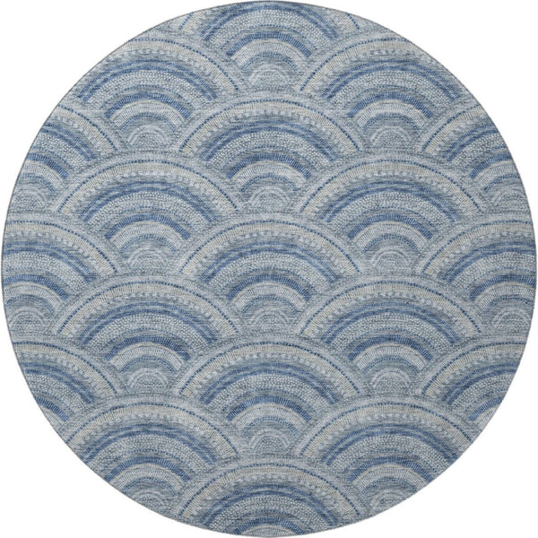HomeRoots 8' Denim Blue, Ivory & Gray Geometric Round Rug - Washable, UV-Protected & Perfect for Any Space! 677684