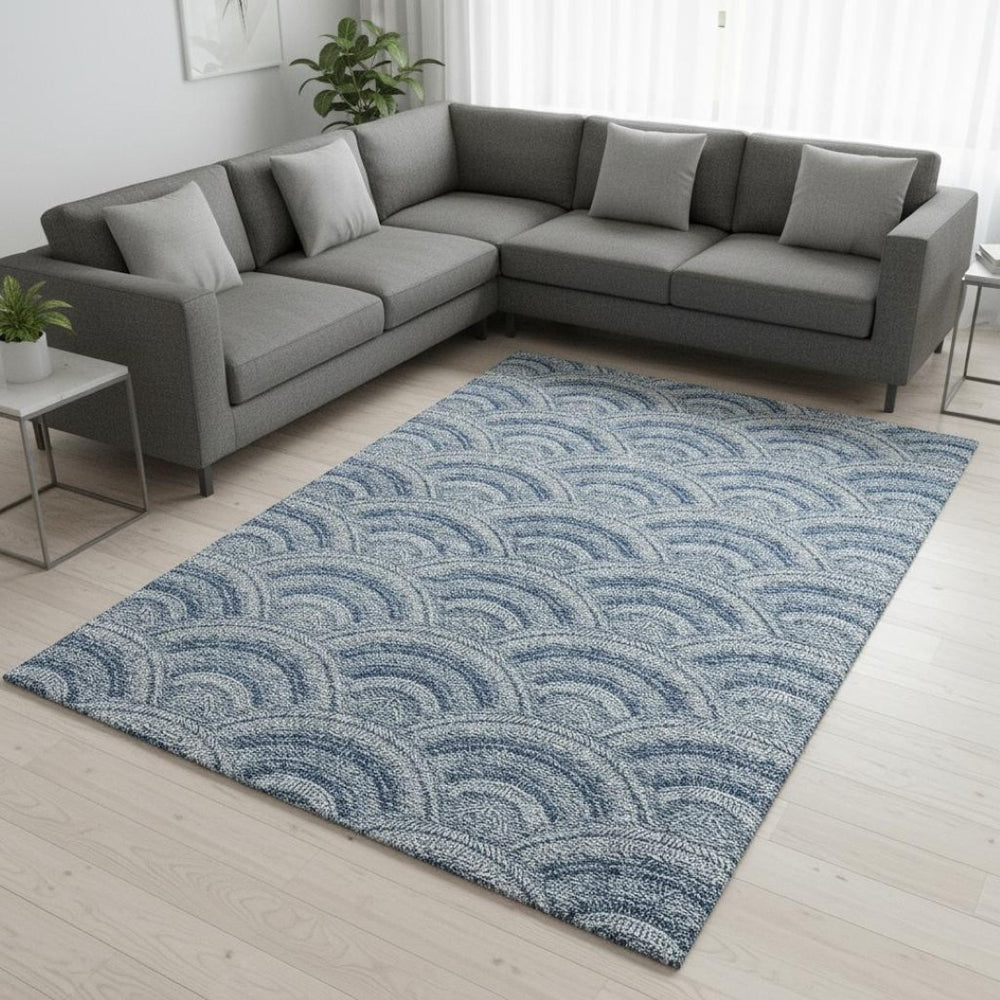 HomeRoots 9' X 12' Denim Blue Geometric Area Rug - Washable & UV-Protected, Stylish for Homes with Kids & Pets 677686