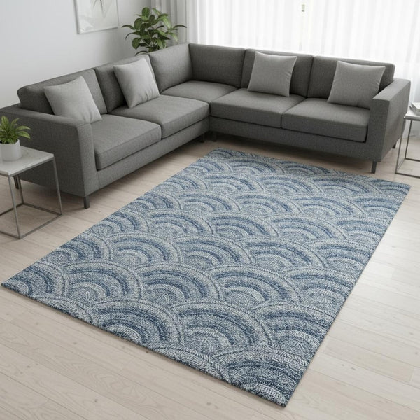 HomeRoots 9' X 12' Denim Blue Geometric Area Rug - Washable & UV-Protected, Stylish for Homes with Kids & Pets 677686