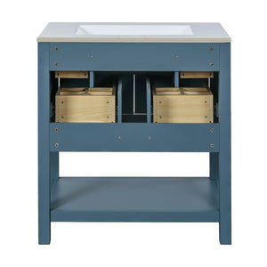 English Elm 30'' Bathroom Vanity with Ceramic Sink, Solid Wood Frame Freestanding Cabinet with 5 Drawers, Gold Knobs and Smooth Slide Rails Blue N710P247488C