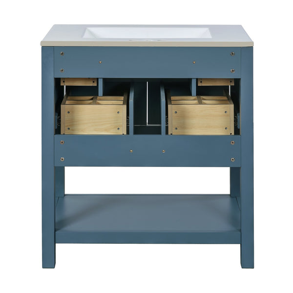 English Elm 30'' Bathroom Vanity with Ceramic Sink, Solid Wood Frame Freestanding Cabinet with 5 Drawers, Gold Knobs and Smooth Slide Rails Blue N710P247488C