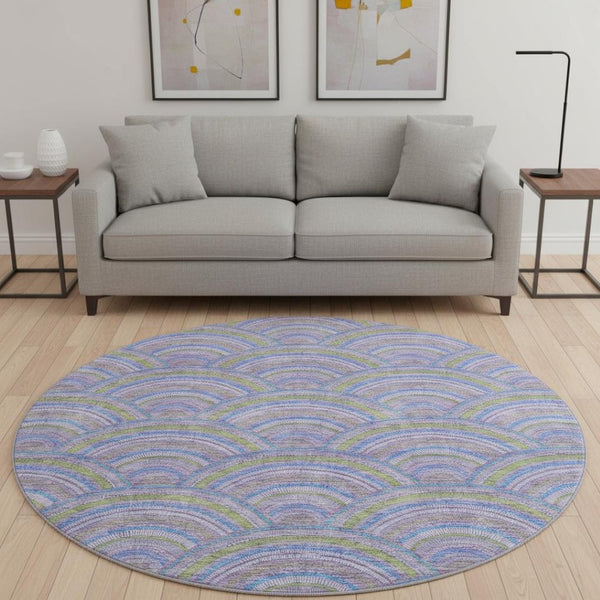 HomeRoots 8' Stylish Geometric Round Rug in Lavender, Olive Green & Ivory - Washable, Durable, UV Protected! 677690