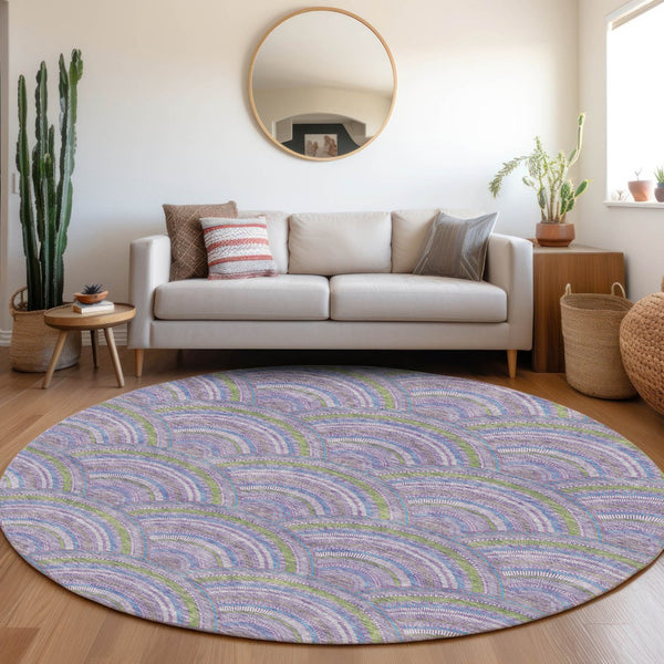 HomeRoots 8' Stylish Geometric Round Rug in Lavender, Olive Green & Ivory - Washable, Durable, UV Protected! 677690